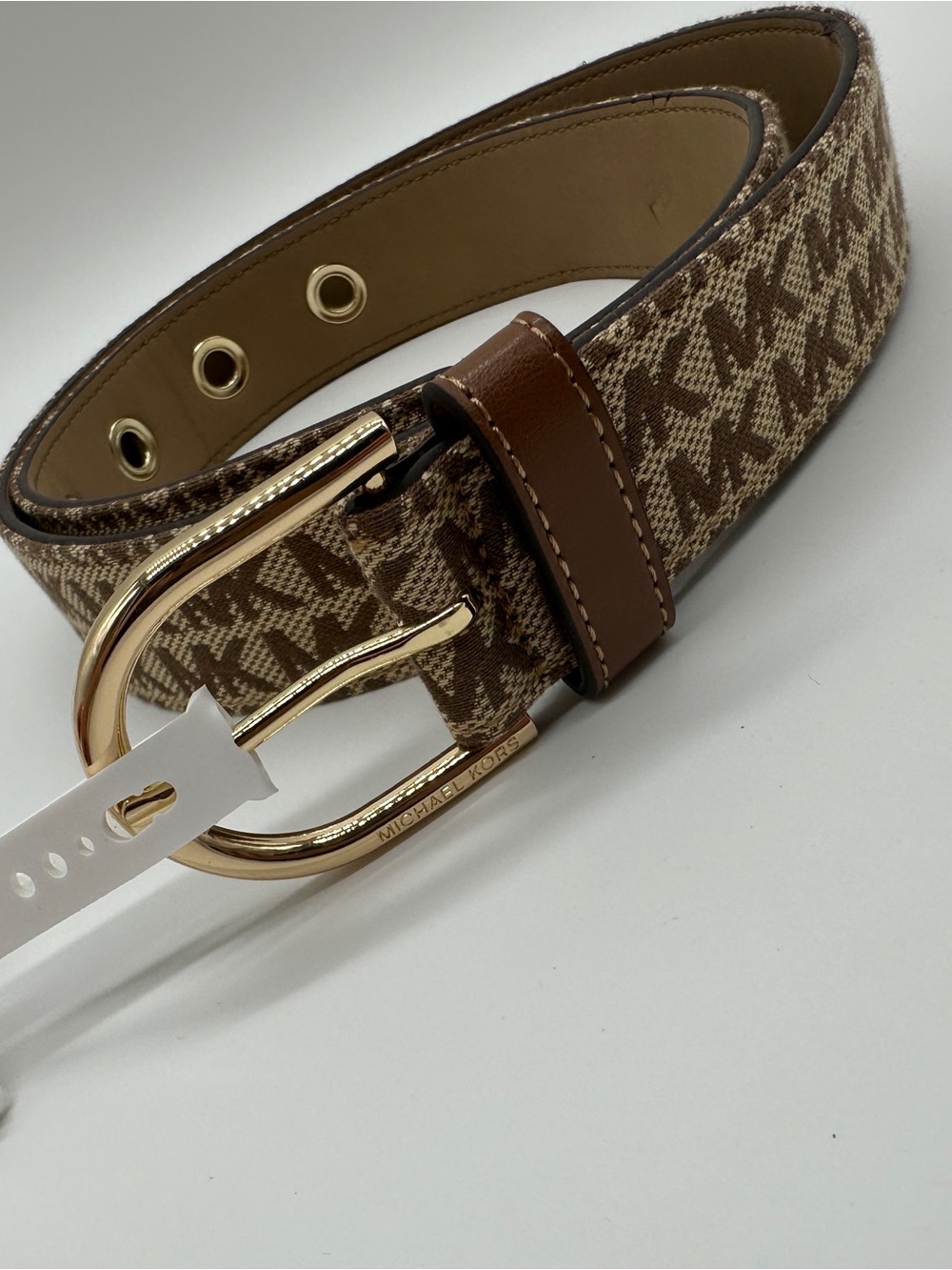 Michael Kors Brown & Beige Monogram Canvas Belt with Gold Buckle